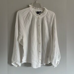 GAP White Ruffled-Neck Button-Down Blouse 100% Cotton Size XL Tall NWT